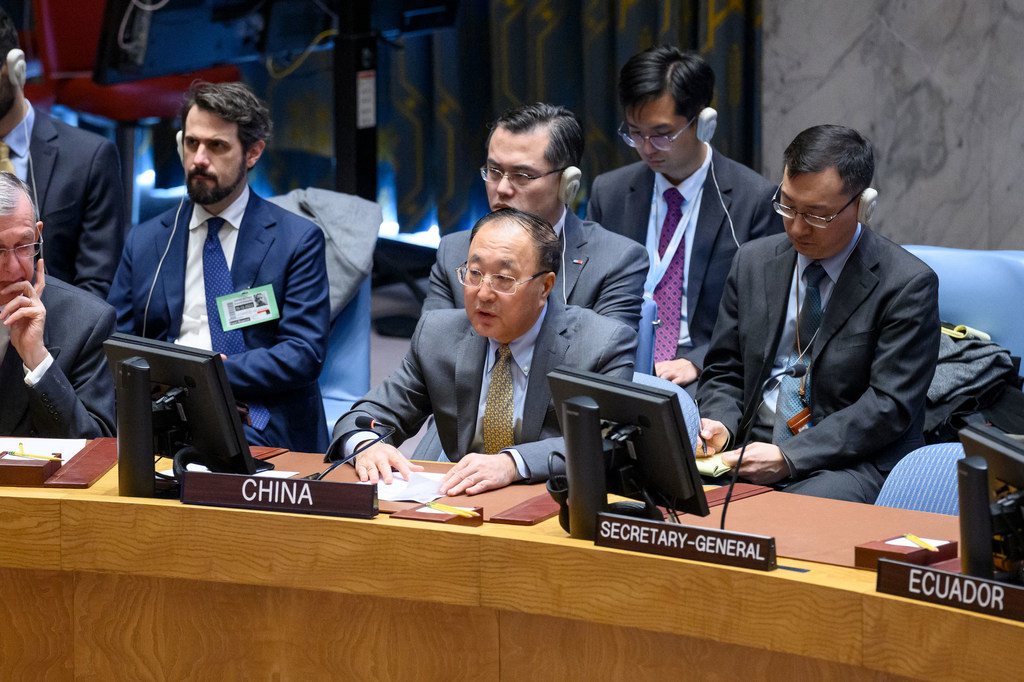 Ambassador Zhang Jun of China addresses the Security Council meeting on the situation in the Middle East, including the Palestinian question.