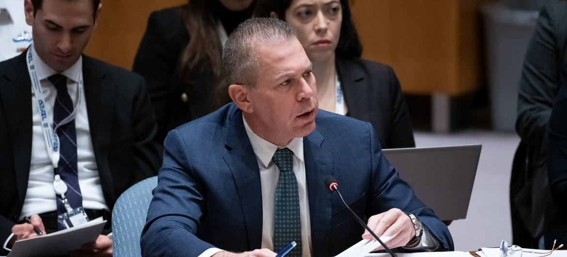 Ambassador Gilad Erdan of Israel addresses the UN Security Council meeting on the situation in the Middle East, including the Palestinian question.