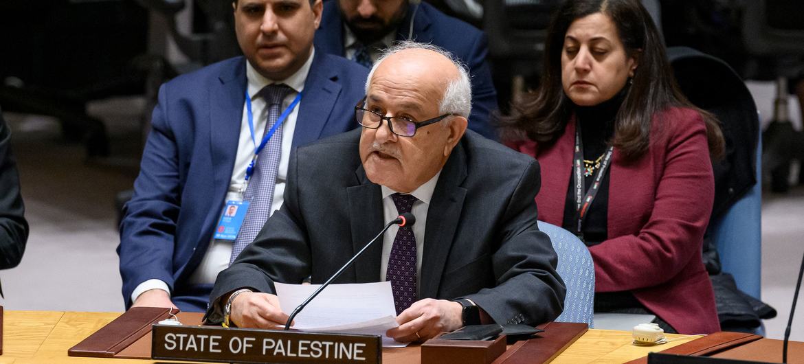 Riyad Mansour, Permanent Observer of the State of Palestine to the United Nations, addresses the Security Council meeting on the situation in the Middle East, including the Palestinian question.