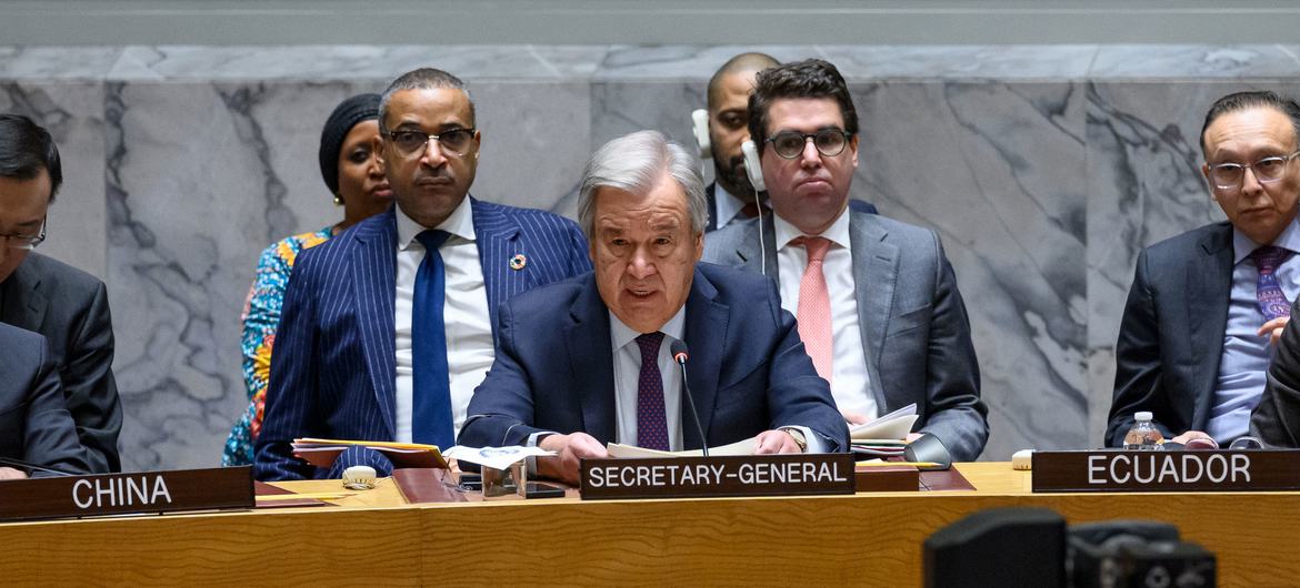 Secretary-General António Guterres addresses the Security Council meeting on the situation in the Middle East, including the Palestinian question.