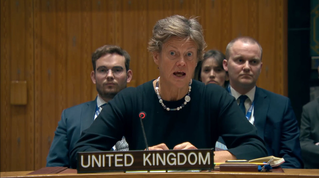 Ambassador Barbara Woodward of the United Kingdom addresses the Security Council meeting on threats to international peace and security.