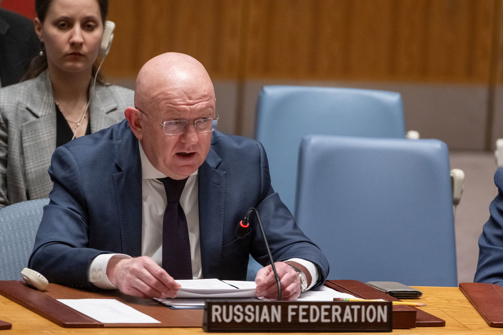 Ambassador Vassily Nebenzia of the Russian Federation addresses the Security Council meeting on threats to international peace and security.