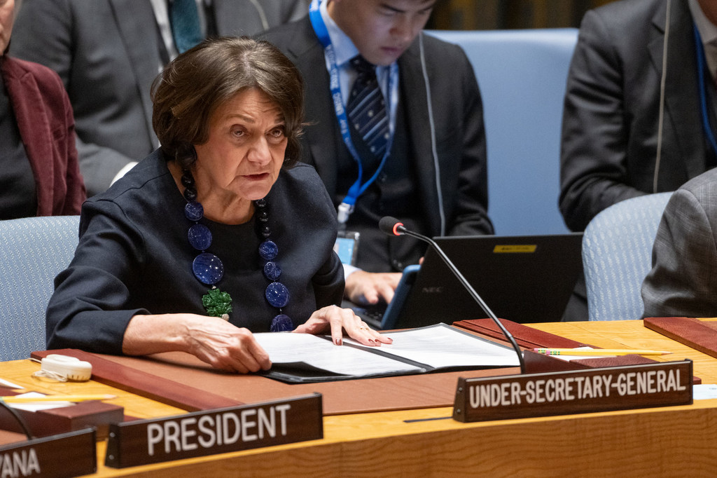 Rosemary DiCarlo, Under-Secretary-General for Political and Peacebuilding Affairs, briefs the Security Council meeting on threats to international peace and security.