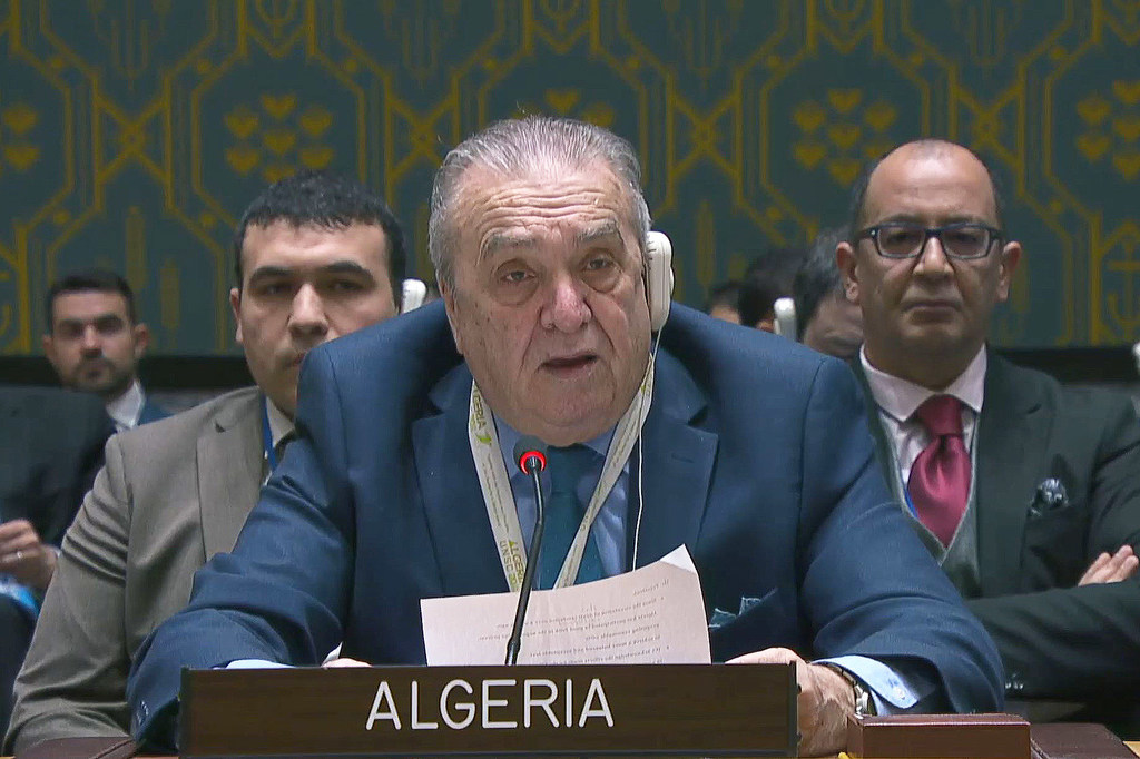 Algeria’s Ambassador Amar Benjama addressing the Security Council meeting on the situation in the Middle East, including the Palestinian question.