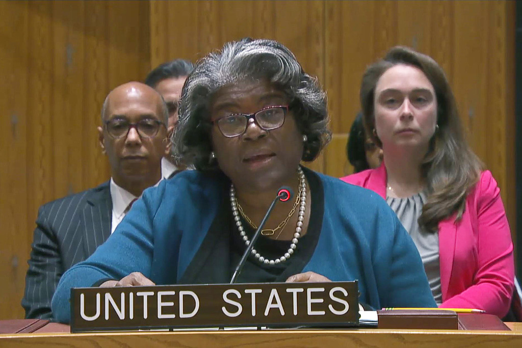 Ambassador Linda Thomas-Greenfield addressing the Security Council meeting on the situation in the Middle East, including the Palestinian question.